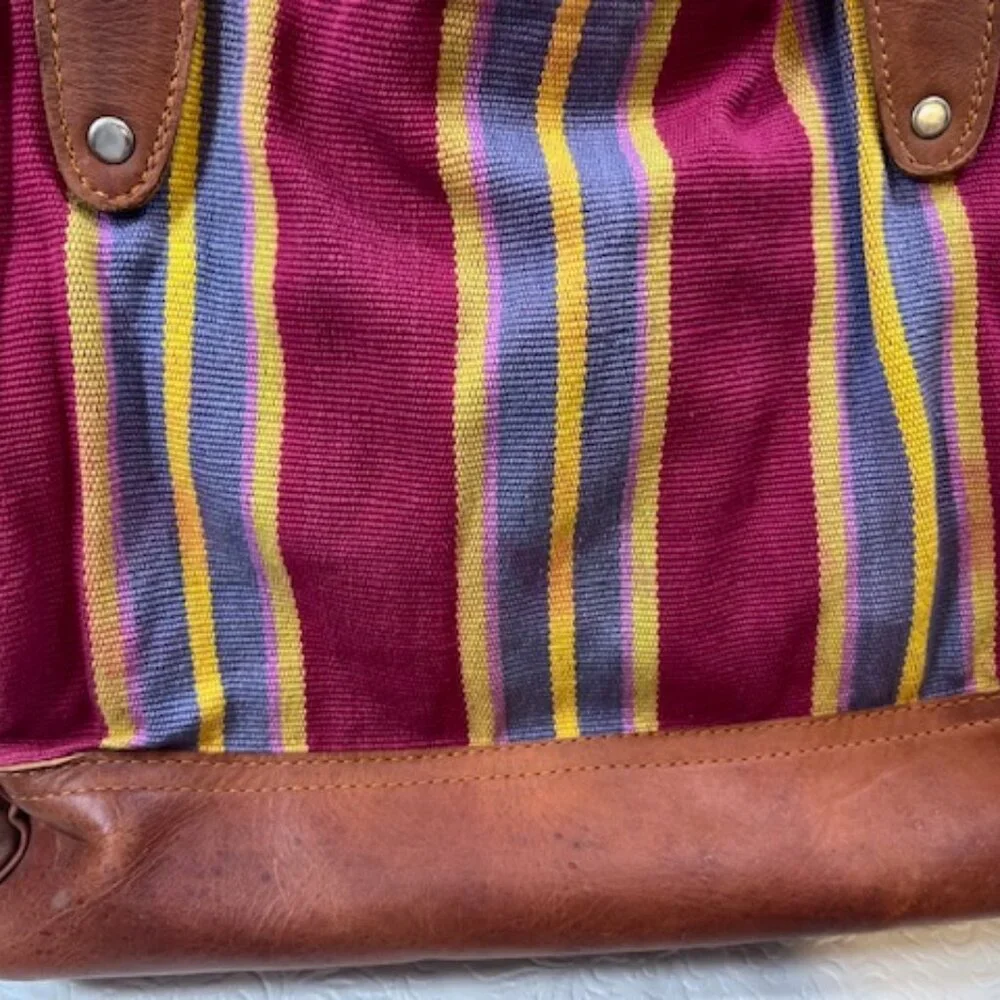 VTG Brown Leather & Striped Tapestry Handbag Snap Closure 11